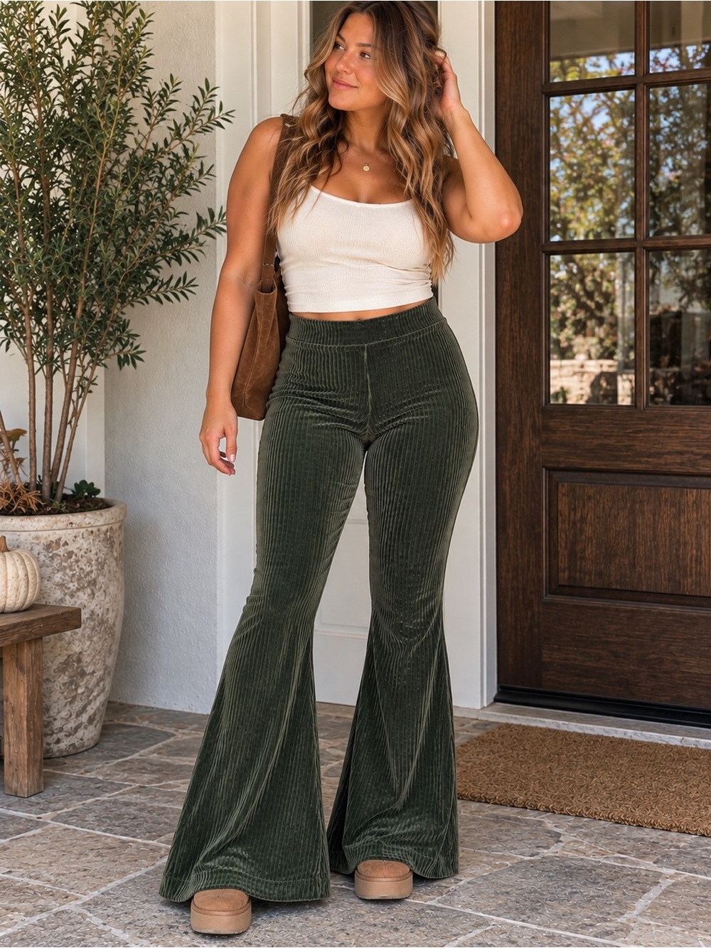 Aerie Groove-On Velour Flare Pants L Olive Green High Rise Ribbed Y2K